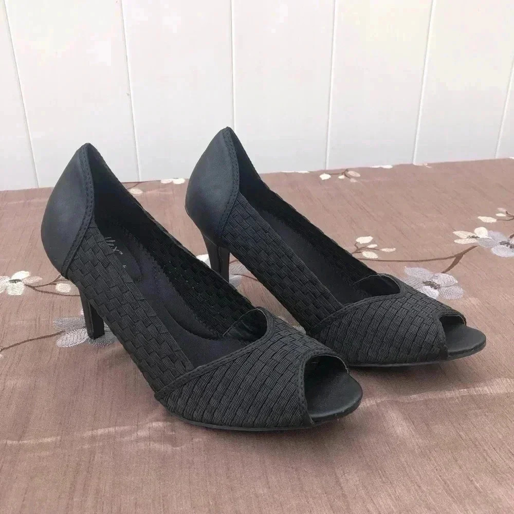 Dexflex Women’s Heels 9.5 Black Open‎ Toe Strapless Pumps